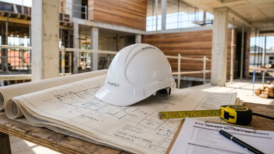 Peralatan Kerja dan Helm Proyek di Meja Konstruksi - Jasa Arsitek Rumah