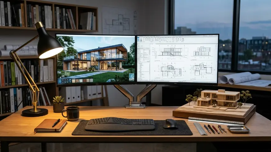 Workspace Desain dengan Monitor 3D dan Miniatur Maket - Jasa Arsitek Rumah